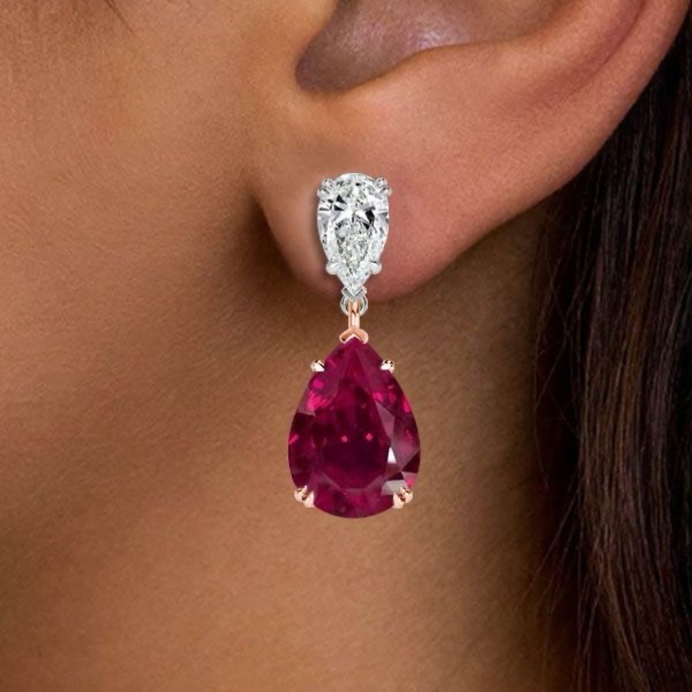 Elegant LC Pink Emerald or Ruby in Silver 925 Drop Earrings